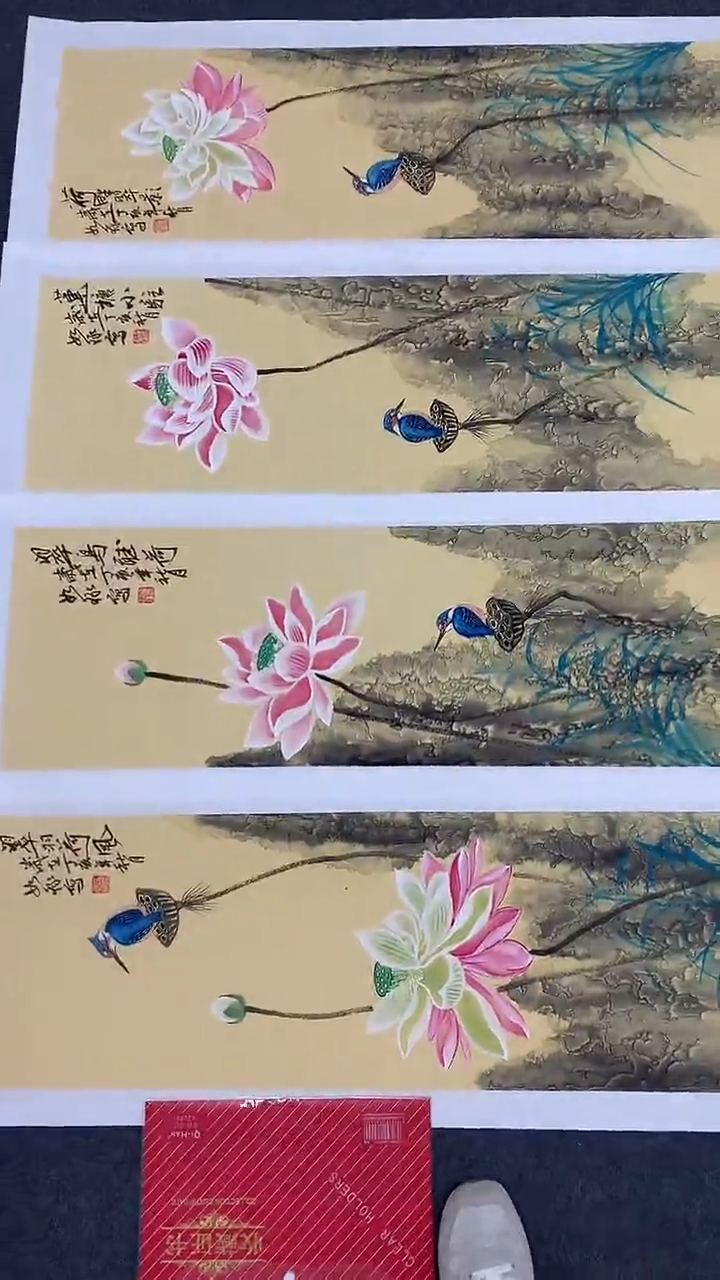 竖款精品四条屏花鸟荷花