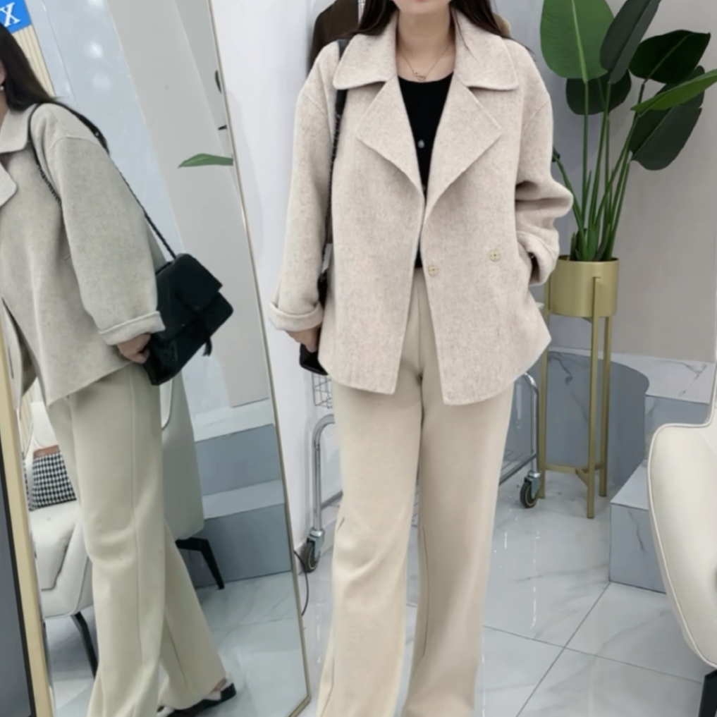 2025秋冬新款混色长毛面料秋冬气质短款双面绵羊毛大衣外套29199