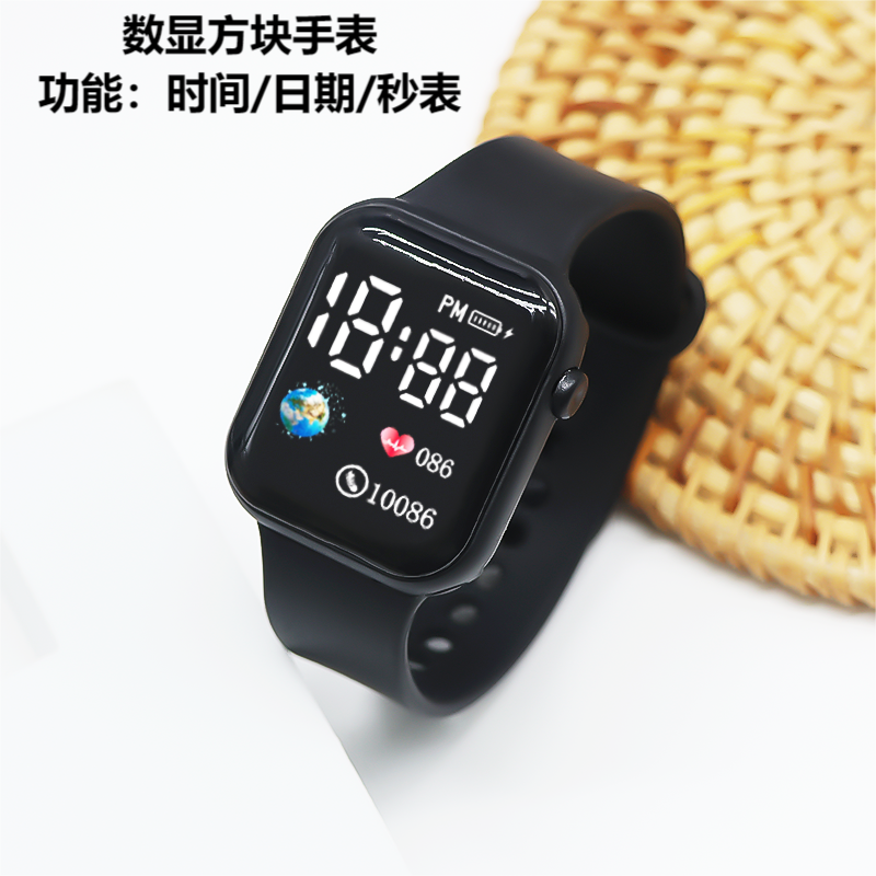 新款运动百搭电子表LED显屏方块手表可看时间日期秒表JH
