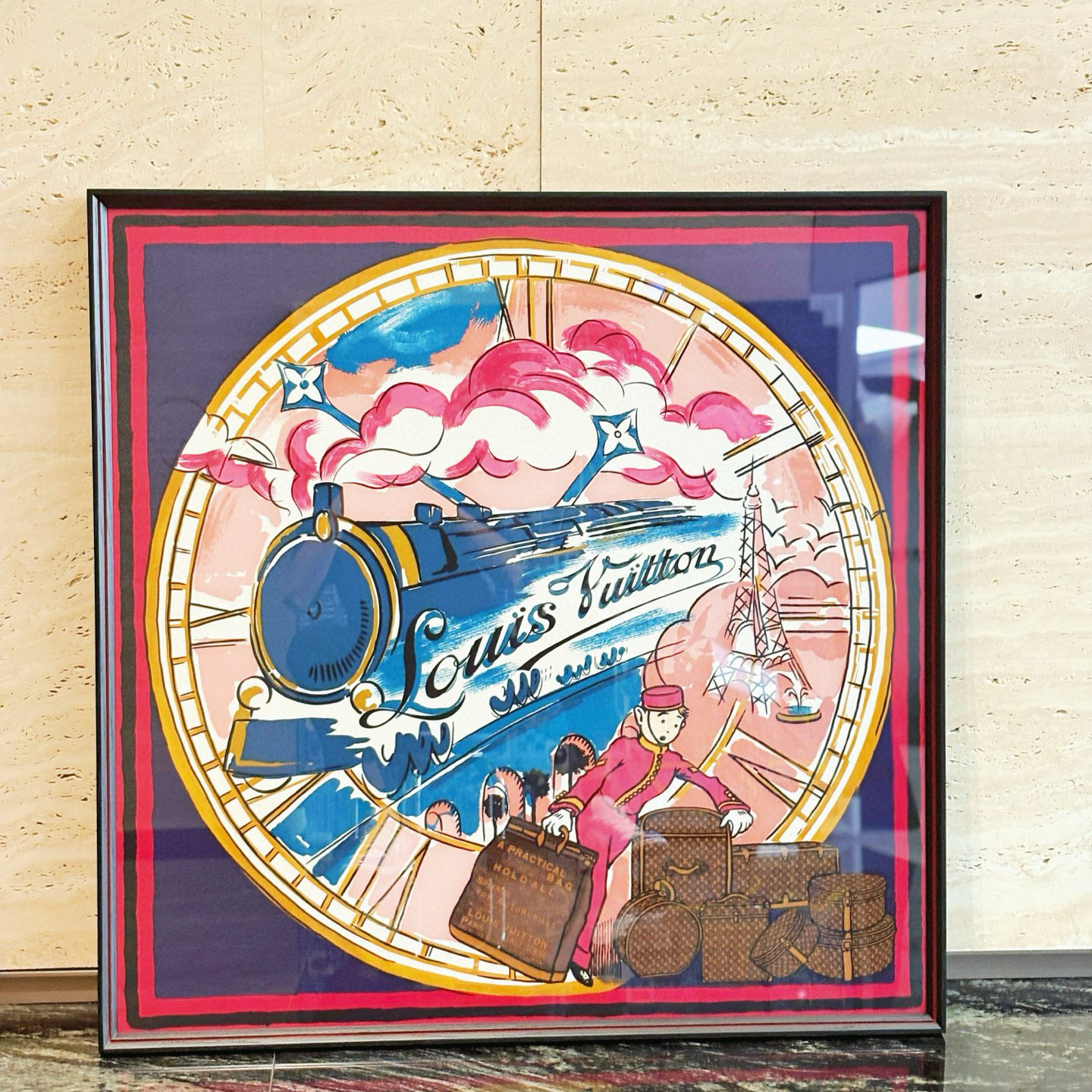 未使用 LouisVuitton/路易威登 老佛爷 火车头门童油画风丝巾画