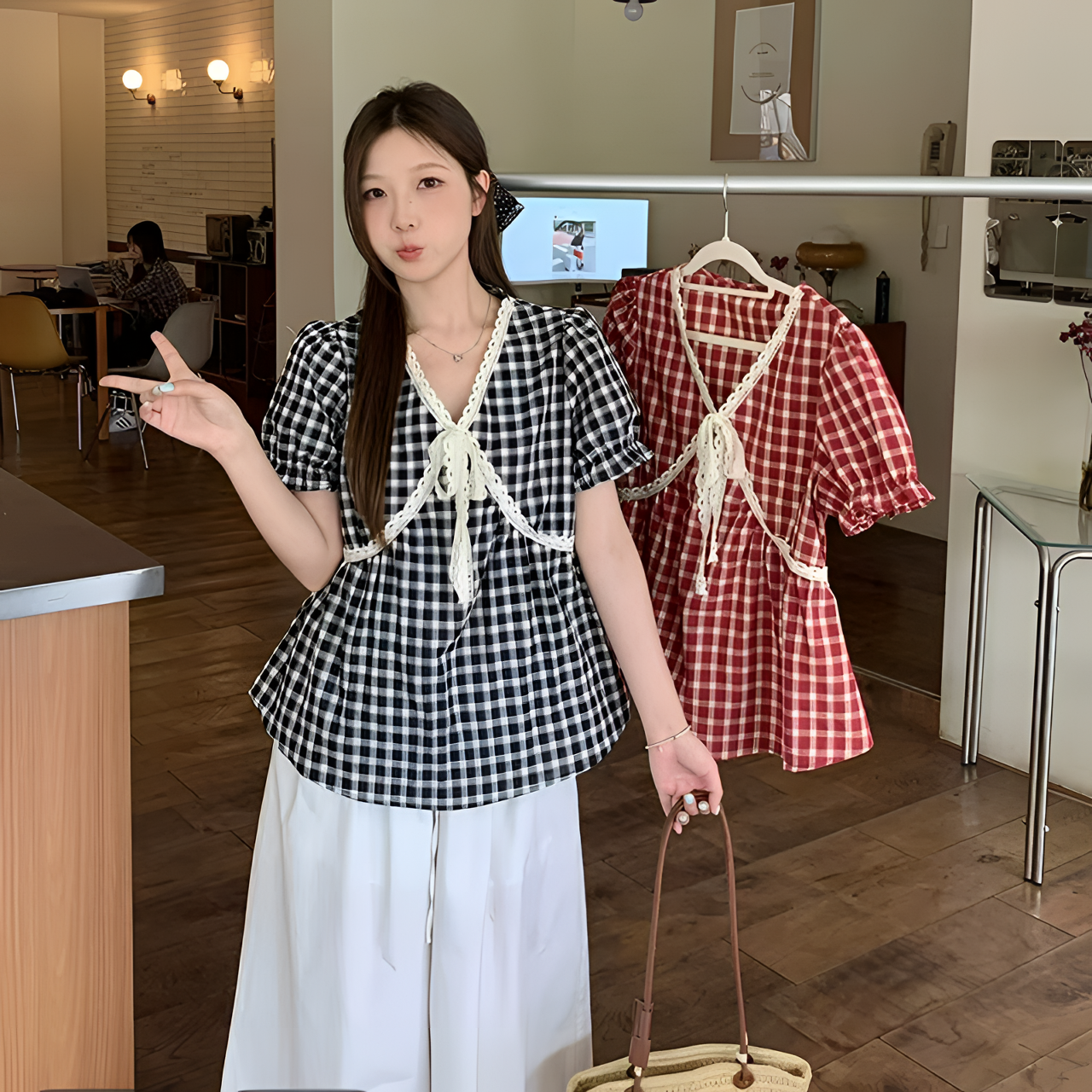 【现货】夏装新款胖mm大码女时尚甜美蕾丝花边格子衬衫短袖洋气上衣