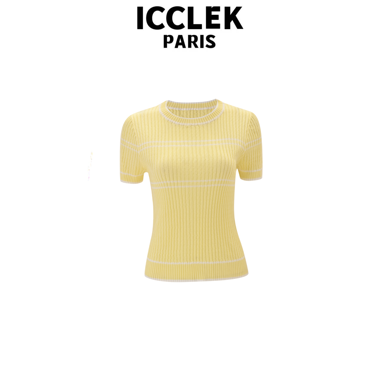 XY 黄色刺绣线条圆领短袖针织衫百搭修身气质名媛上衣 -5545