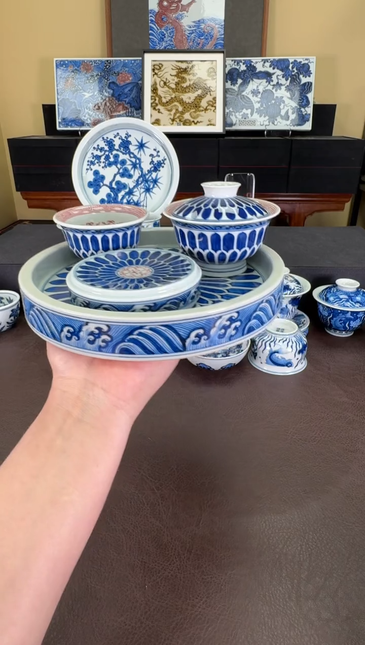 【闪购商品】瓷片羿器窑双菊瓣纹四件套