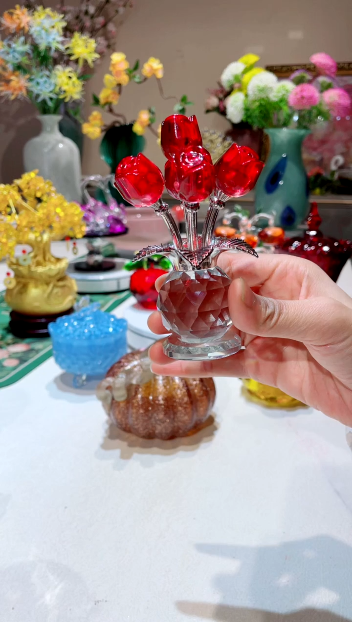 【闪购商品】琉璃手工艺品 红色 七头玫瑰花