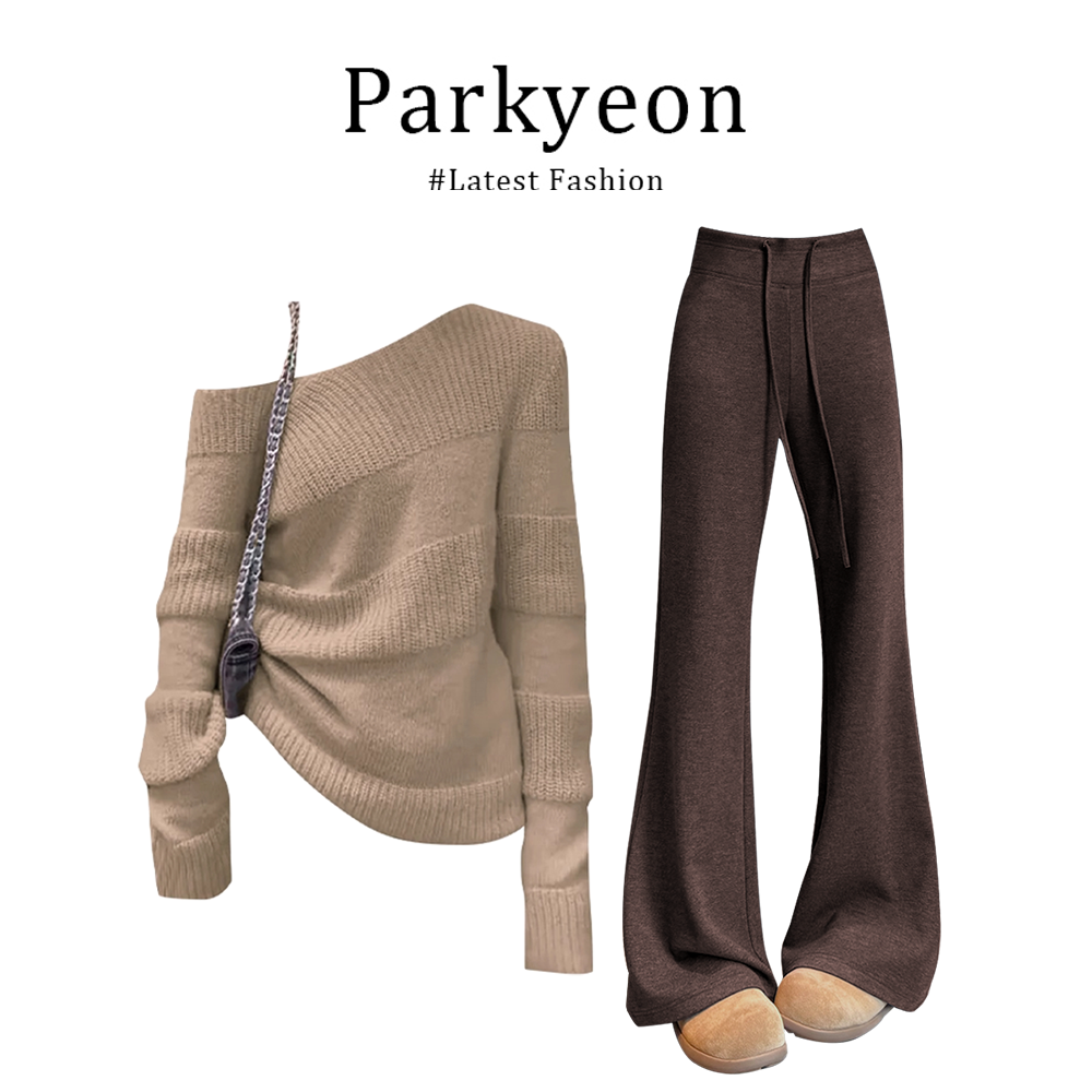 MARIE.COCO新款时尚洋气百搭女装斜肩长袖毛衣秋季高腰微喇裤套装