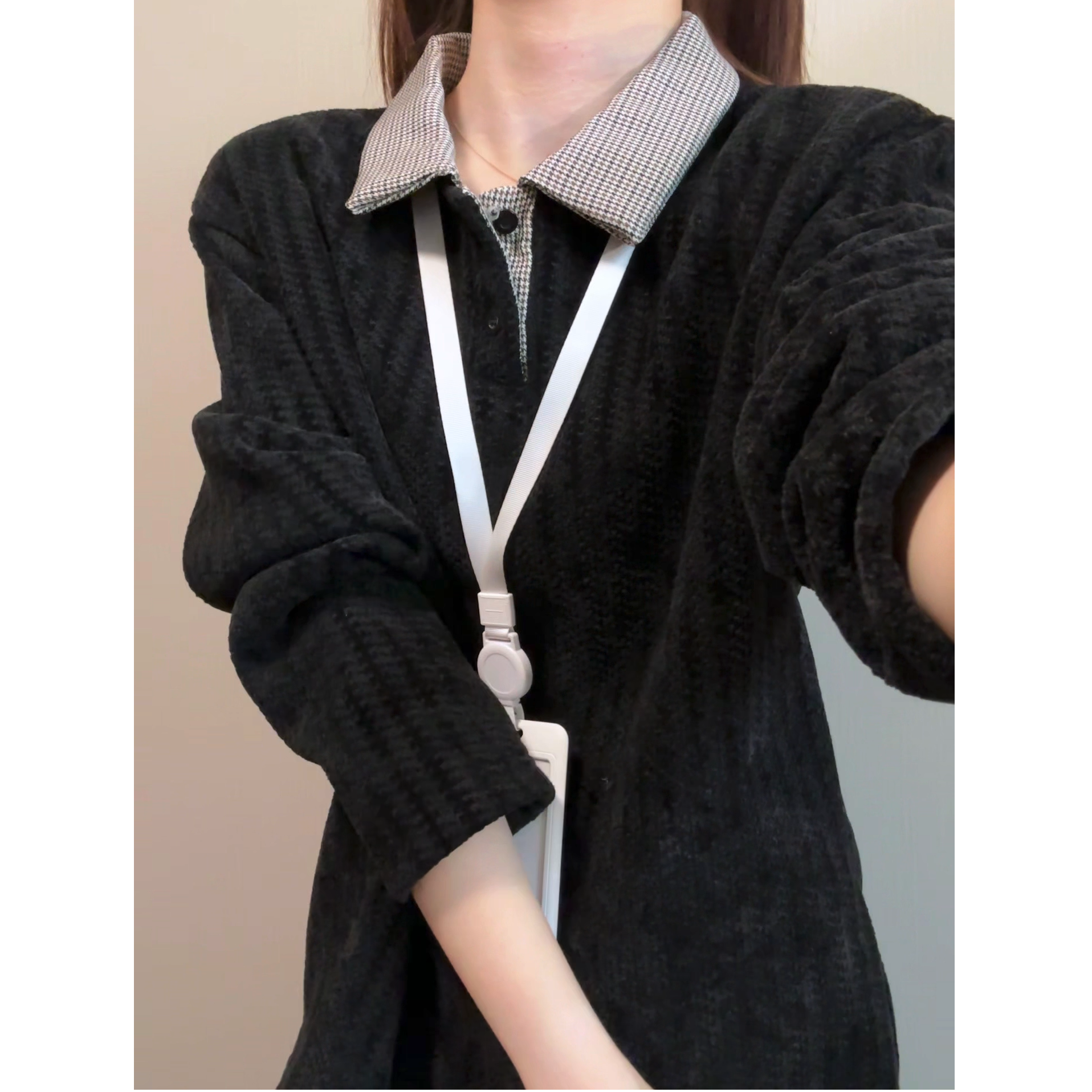 美式加绒拼接Polo衫男款秋冬千鸟格长袖T恤高级感卫衣休闲上衣