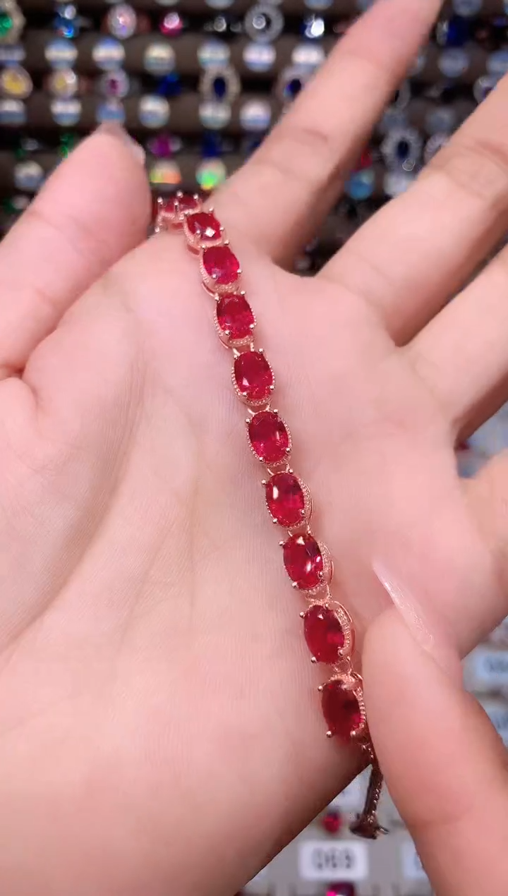 手链银S925镶嵌红宝石玫瑰金酒红