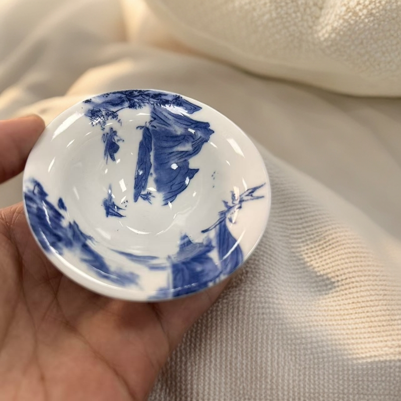 仿古青花釉下彩陶瓷斗笠杯家用品茗杯复古风茶具