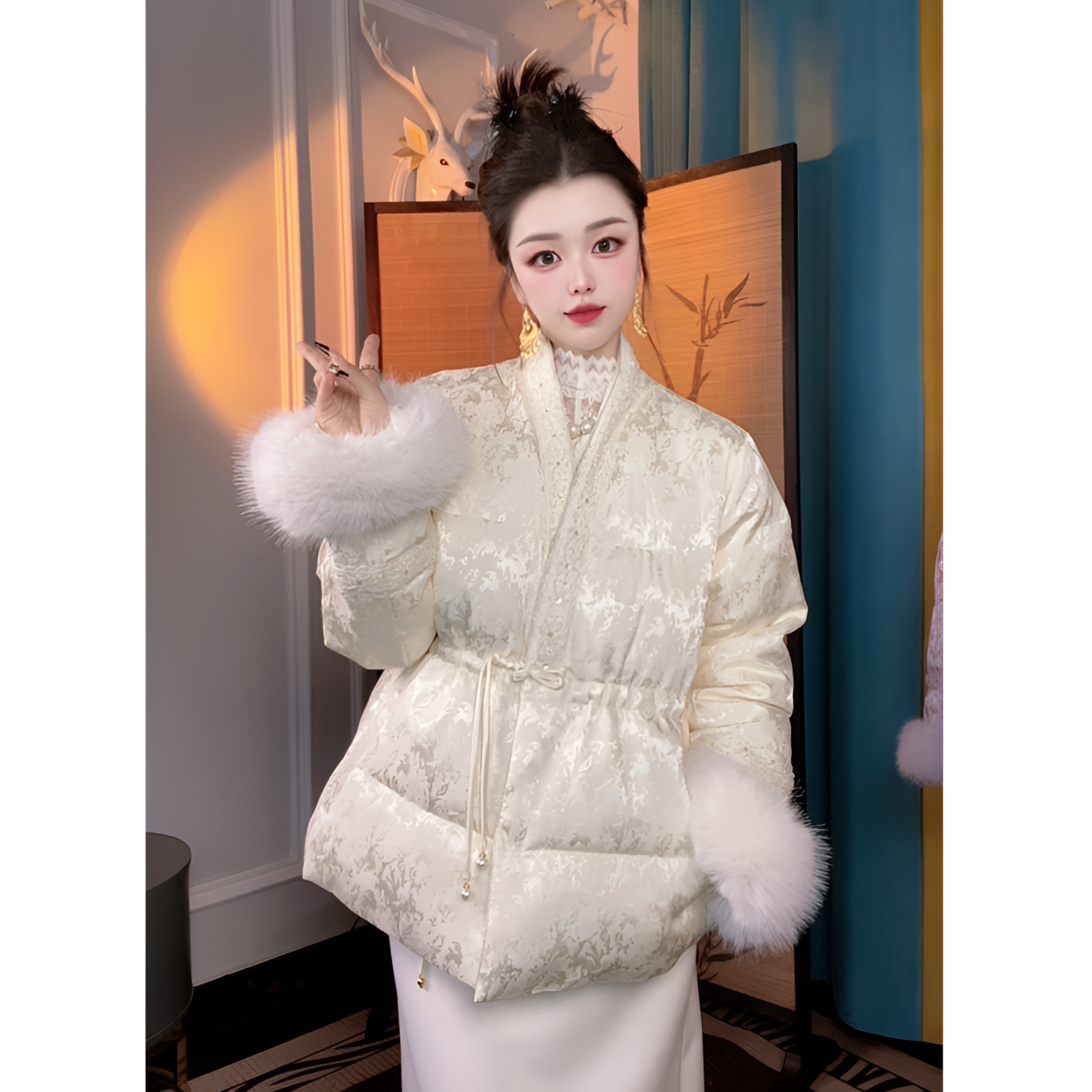 2025新款内收腰显瘦轻奢新中式保暖加厚棉服冬季百搭气质V领国风