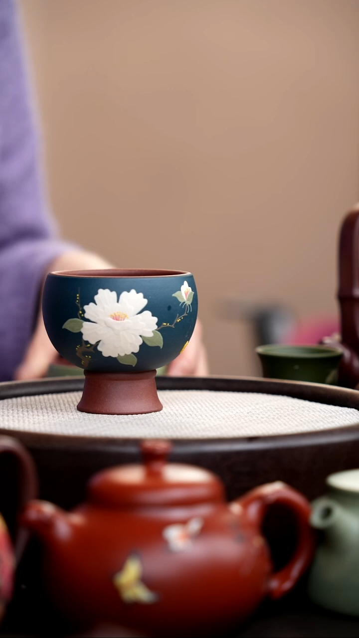 茶壶紫砂墨绿泥粉浆灯笼杯白牡丹