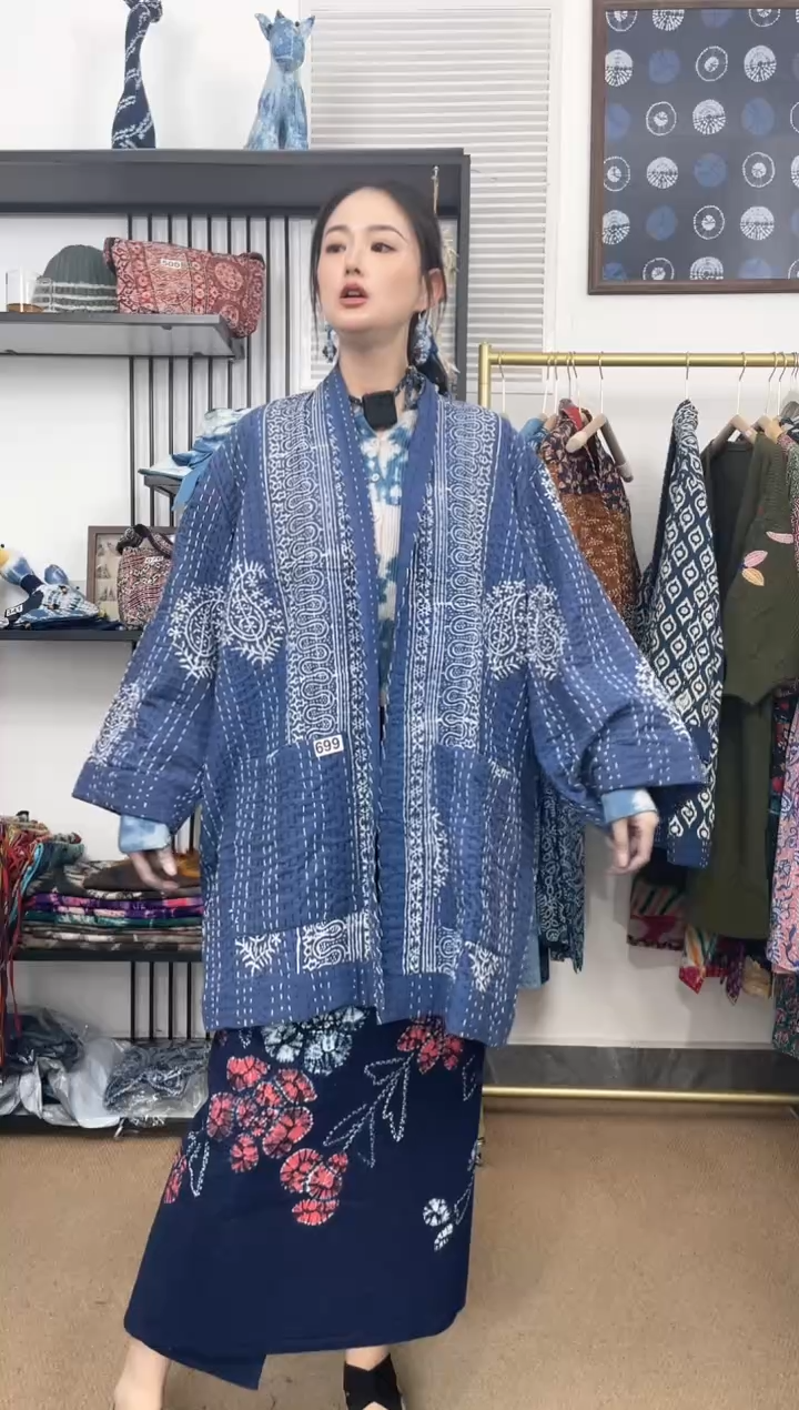 【闪购商品】腰果花印度长绒棉蓝染刺子绣外套85cm