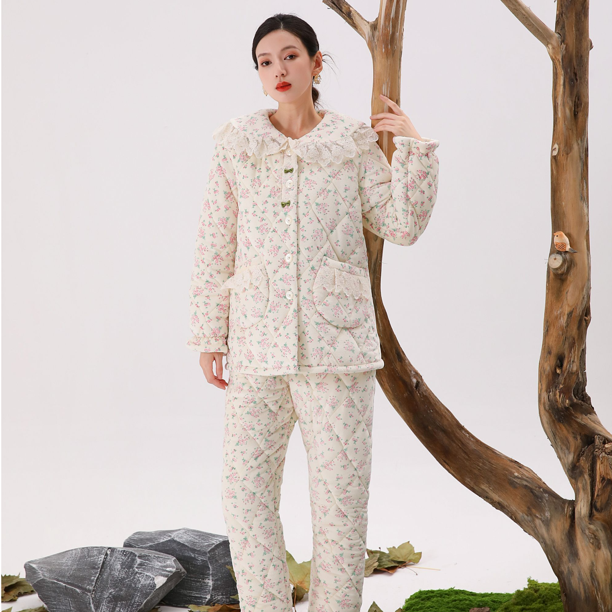 【0266红-花笺】女加厚睡衣冬三层夹棉格纹翻领保暖外出家居