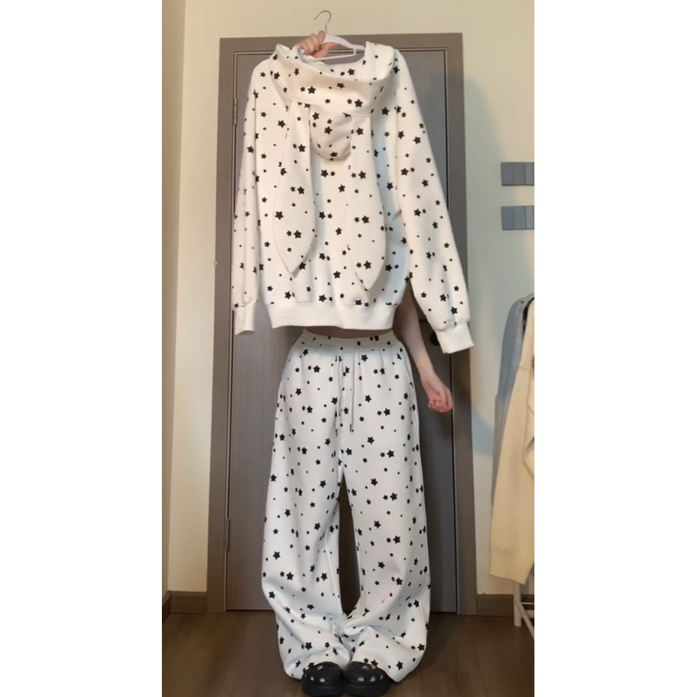 星星印花兔耳朵连帽睡衣套装女2025新款大码长袖长裤家居服可外穿