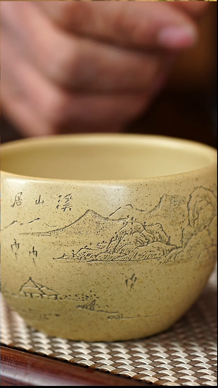 茶杯紫砂本绿山水刻绘-5233