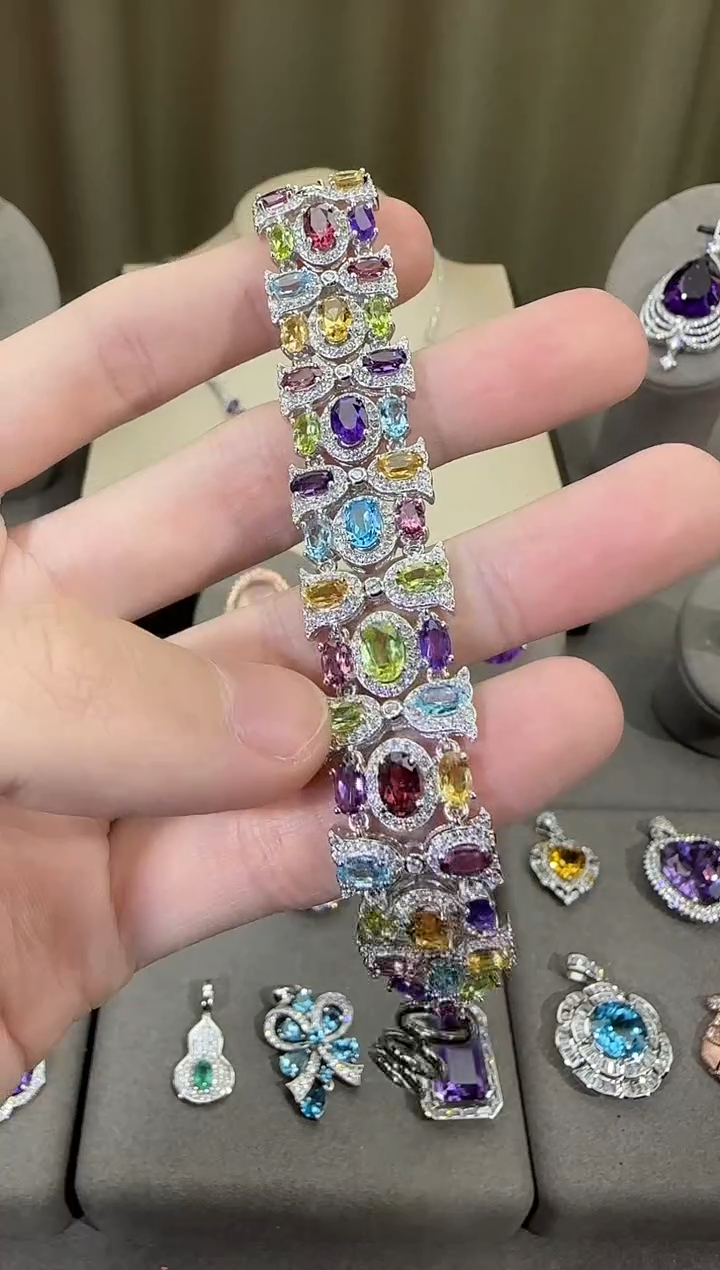 银S925镶嵌手链水晶17mm多彩宝玫瑰庄园手链高级款