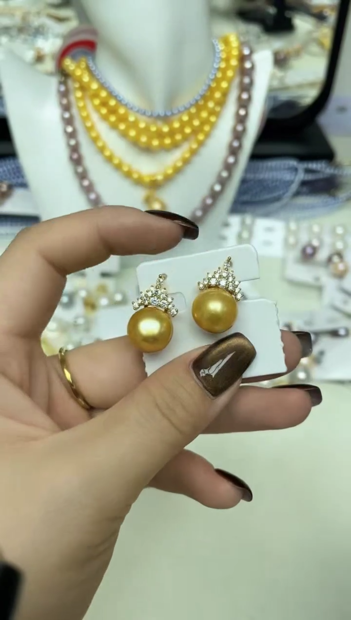 未镶嵌耳饰淡水珍珠黄色系12mm冰雪女王耳饰（多样性发一）