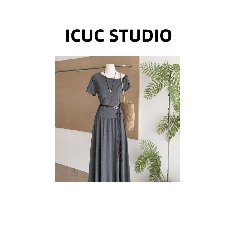 ICUC STUDIO-【韩系慵懒套装】斜领T恤上衣+高腰半身裙两件套2948