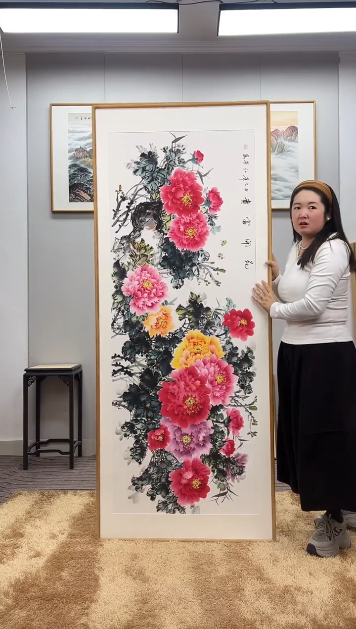 国画手绘牡丹202*82尺寸