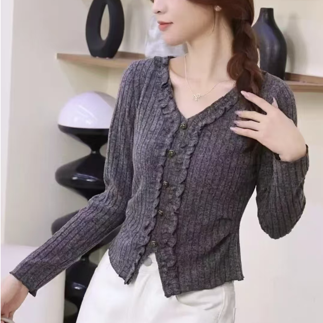 【依·恋】25199# 衣长53 短款长袖V领打底上衣女