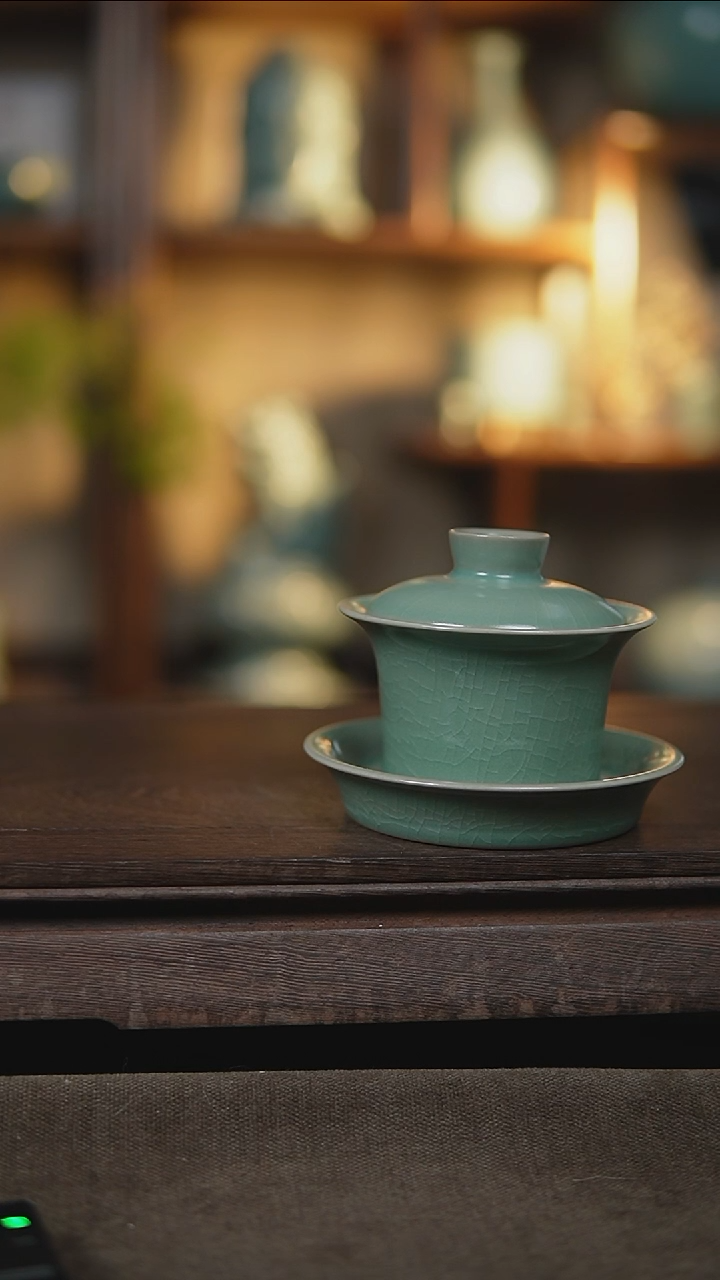 【闪购商品】杯仿古翡翠绿三才天坛盖碗瑕