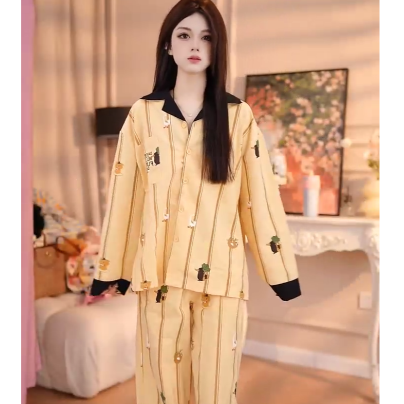 【夏芷】婷睡衣套装睡衣春秋长袖休闲家居服夏季薄款秋季棉