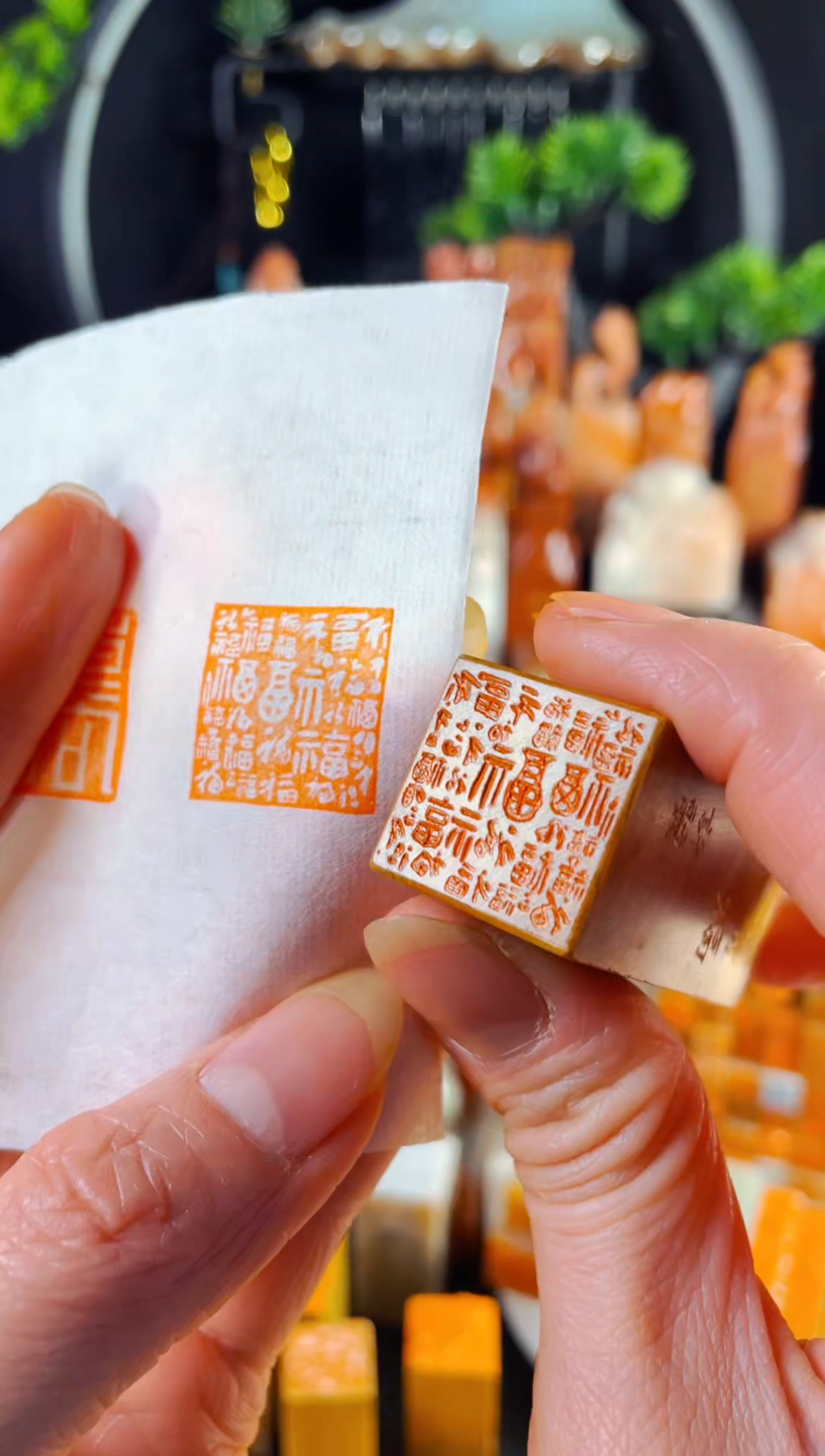 老挝石印石手工篆刻《百福图》2.0 木纹