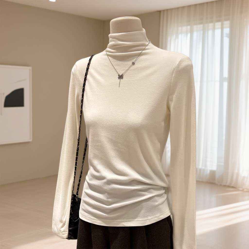 【颜颜服饰】半高领褶皱长袖磨T恤米白色洋气保暖针织修身三九