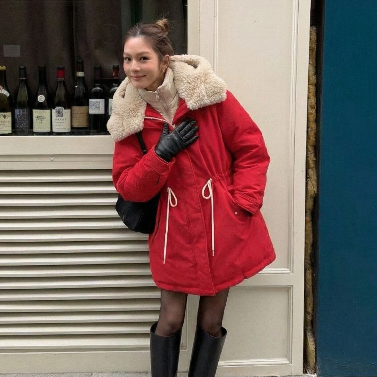 【新品】SERY奢华滩羊毛大毛领连帽款新年红色收腰鹅绒羽绒服