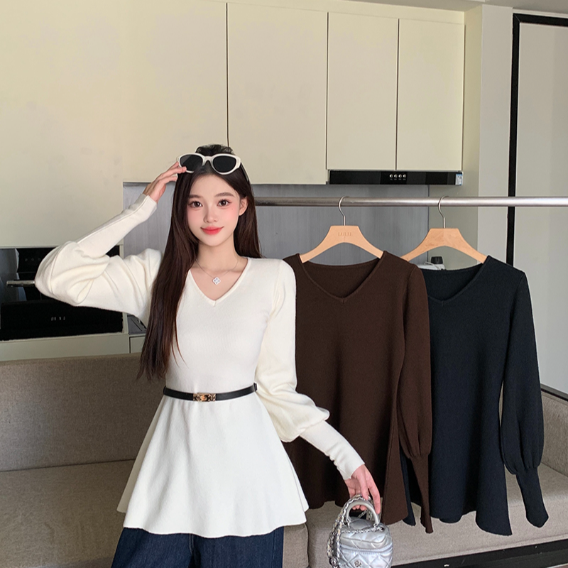 冬装新款胖mm大码女优雅气质纯欲灯笼袖v领针织衫女送腰带 72218