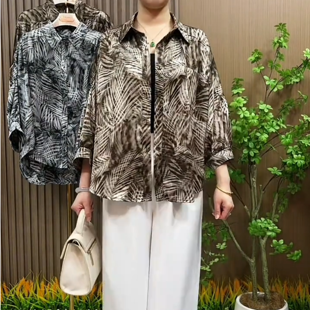 春夏蝙蝠袖中老年女装薄款韩版大码开衫八分袖斑马纹时尚休闲衬衫