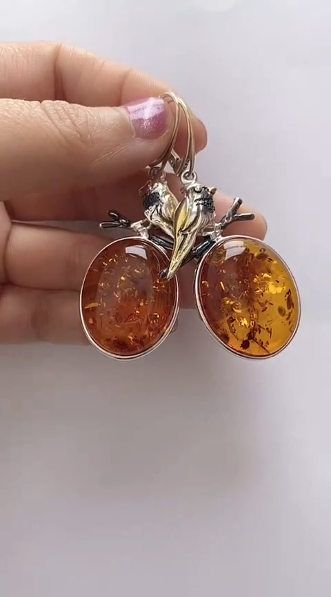 【闪购商品】琥珀裸石银S925镶嵌花珀耳坠