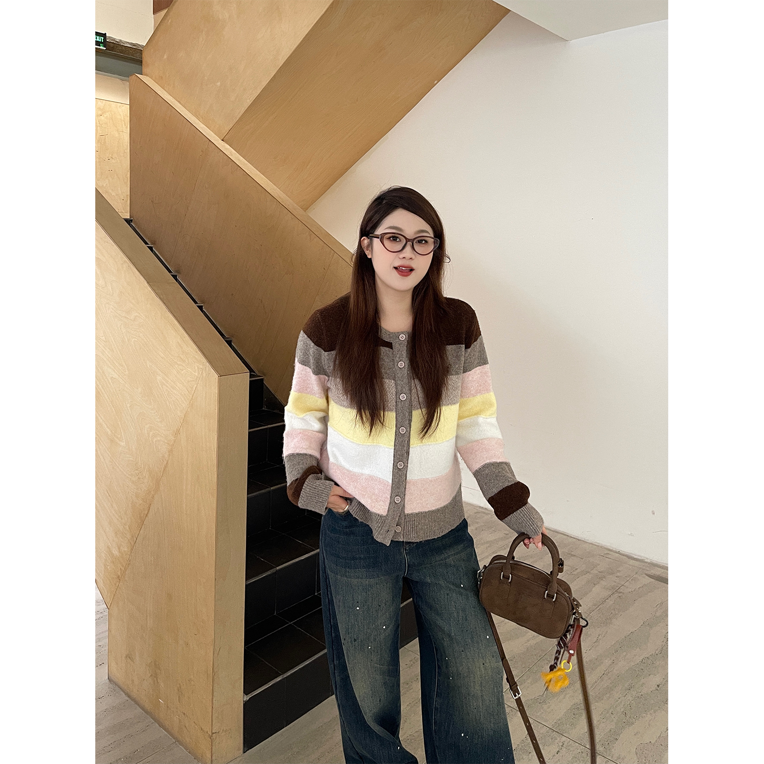 QC宣宣【缤纷软糖】复古撞色毛衣女冬百搭显瘦针织开衫ZY510F35