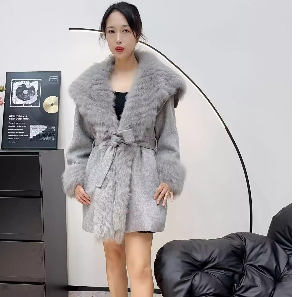 高级感双面呢大衣外套女狐狸毛皮草鹅绒内胆时髦气质中长款