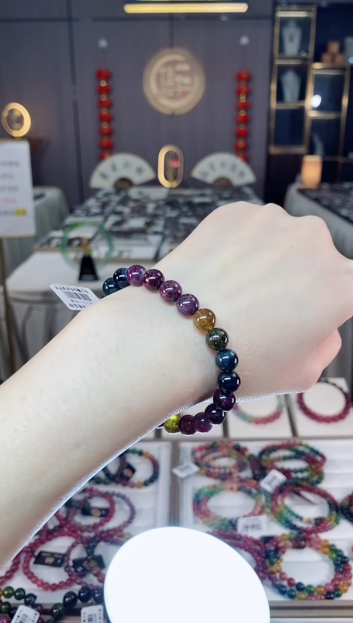未镶嵌老矿碧玺色标彩虹单圈手串7mm+碧玺dan多样性发货一条