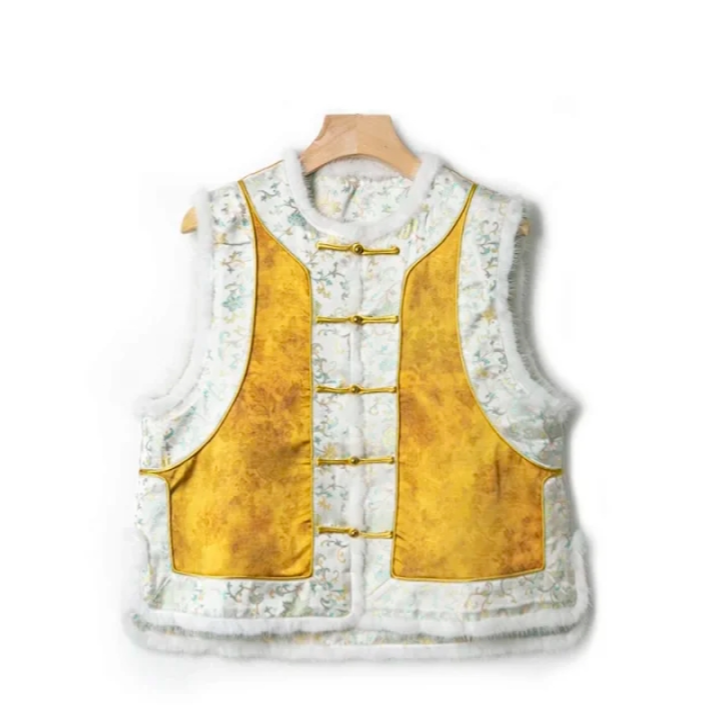 【滴滴亏本清货】双面穿织金毛边盘扣鹅黄色马甲