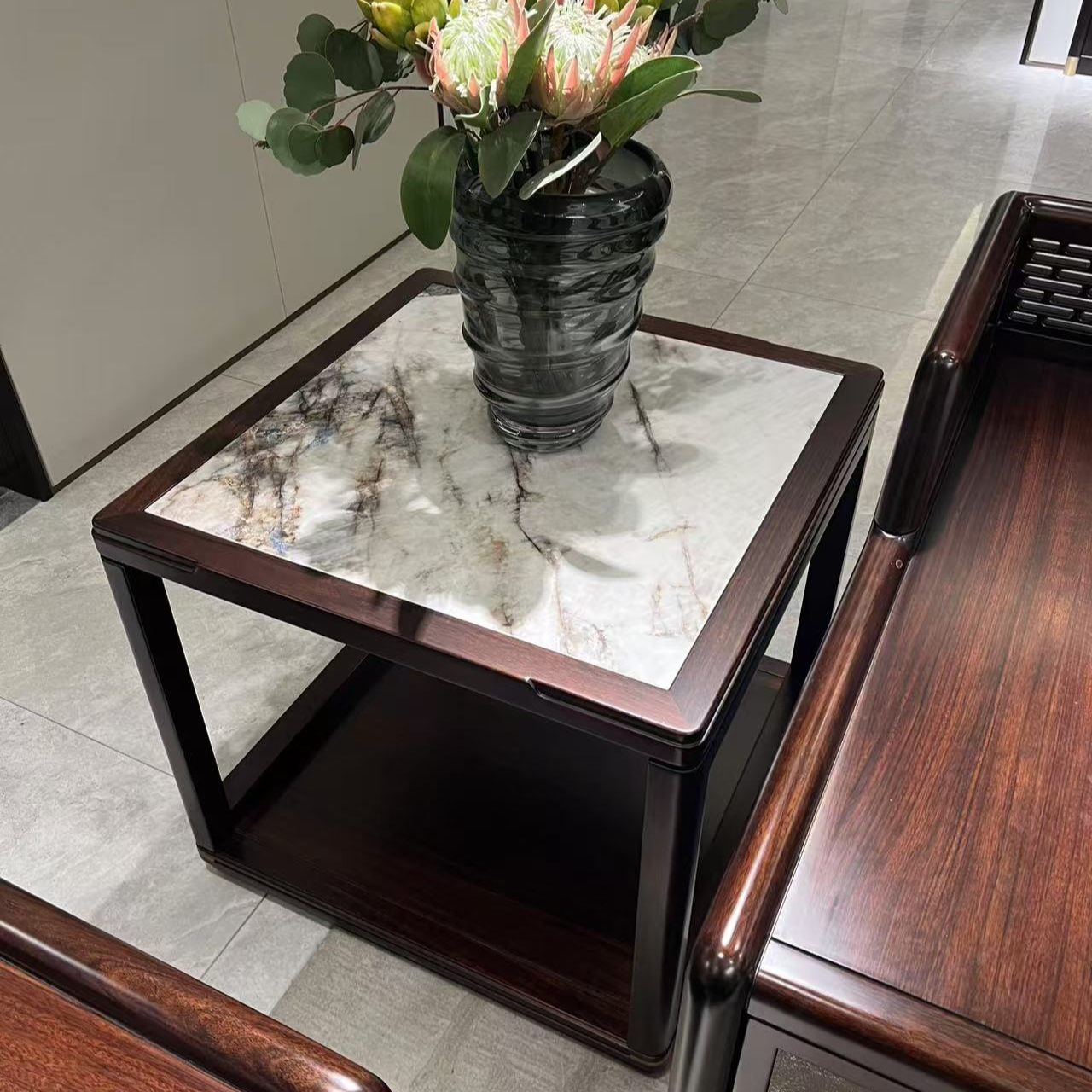 方角几----黑檀全实木时尚轻奢岩板面方角几新中式客厅禅意方几