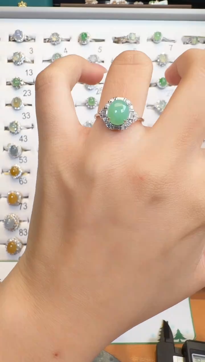 银S925镶嵌戒指翡翠通体925银镶缅甸A货翡翠戒指