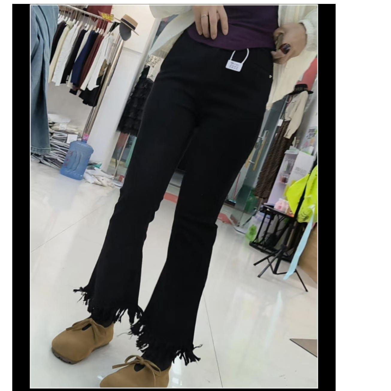 0178#显瘦高腰时尚休闲百搭黑色微喇毛边弹力修身外穿