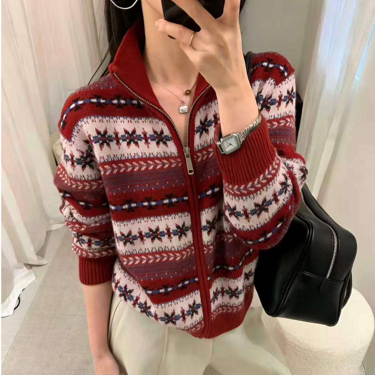 【思思精选】复古费尔岛几何图案洋气减龄百搭拉链针织开衫B179#