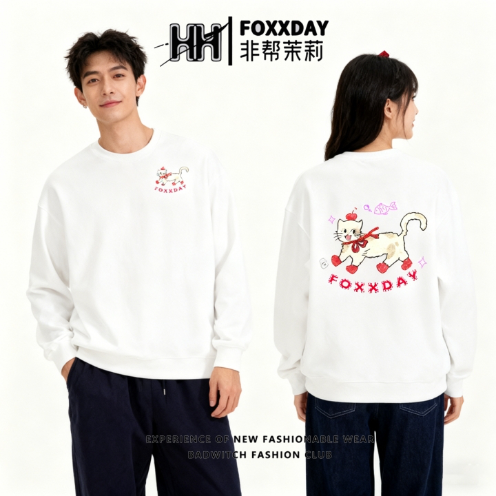 FOXXDAY萌喵驾到圆领·美式复古圆领长袖休闲长T恤潮流高级气质