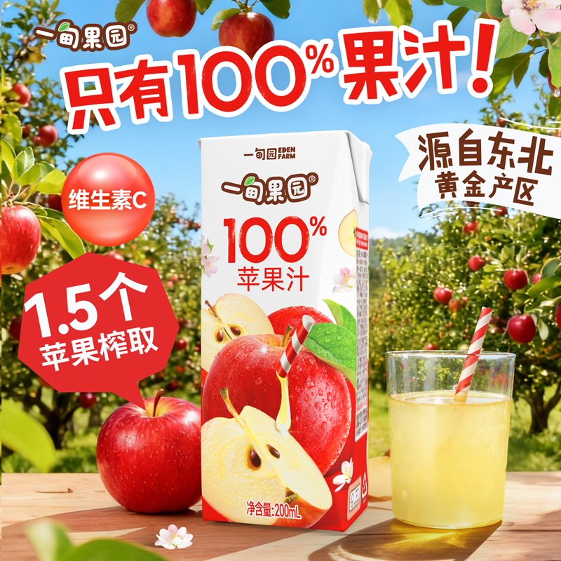 一甸果园100%苹果汁美味果汁饮料小瓶便携整箱聚餐送礼200ml*10盒