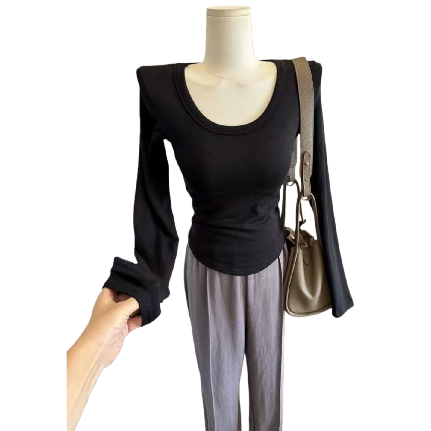 爆单猪家纯欲显胸大U领长袖t恤打底衫女紧身圆弧上衣秋季新款内搭