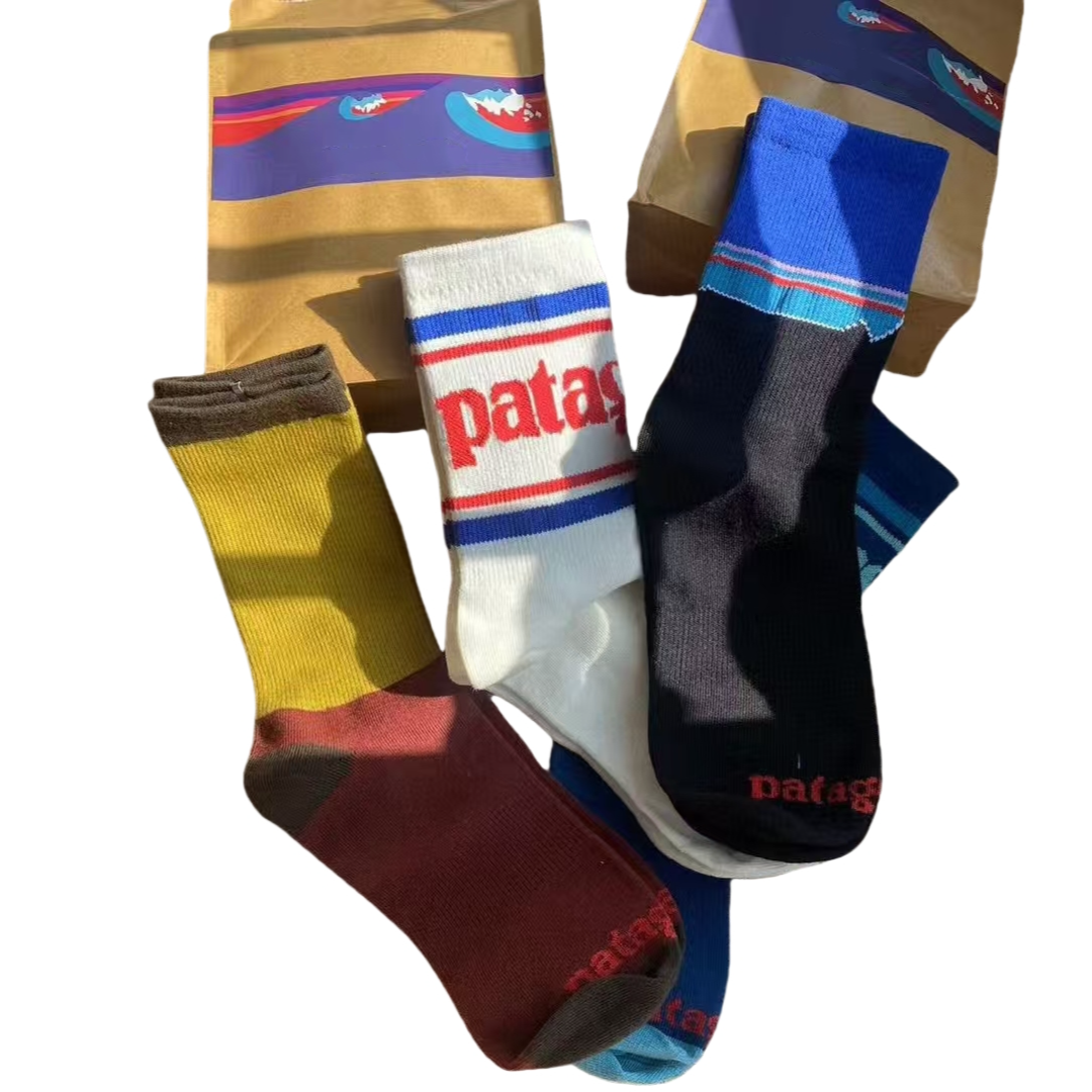 巴塔少量纯元四季男女可穿弹力精梳棉质潮流条纹一袋4组中长筒袜