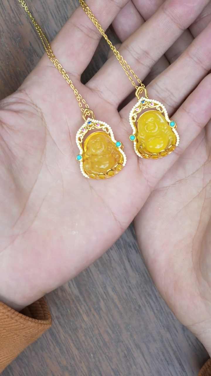 【闪购商品】琥珀裸石银S925镶嵌蜜蜡宝宝佛带链子多样性发其一