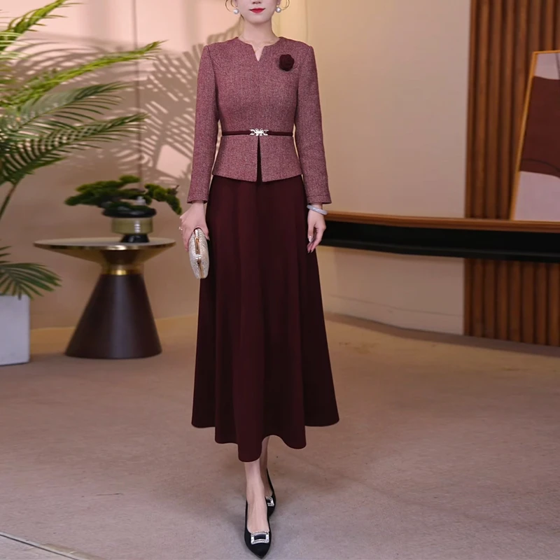 秋季假两件酒红撞色修身显瘦连衣裙长裙优雅气质6102#