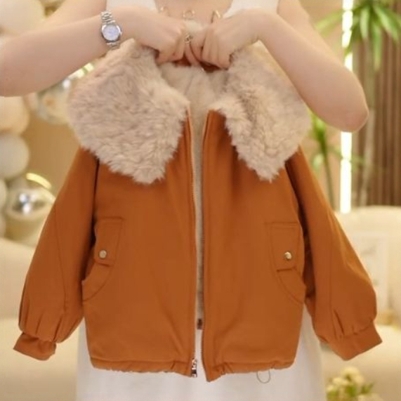 【现货现发】女童2025冬季新款韩版翻领纯色拉链百搭加厚派克服外套