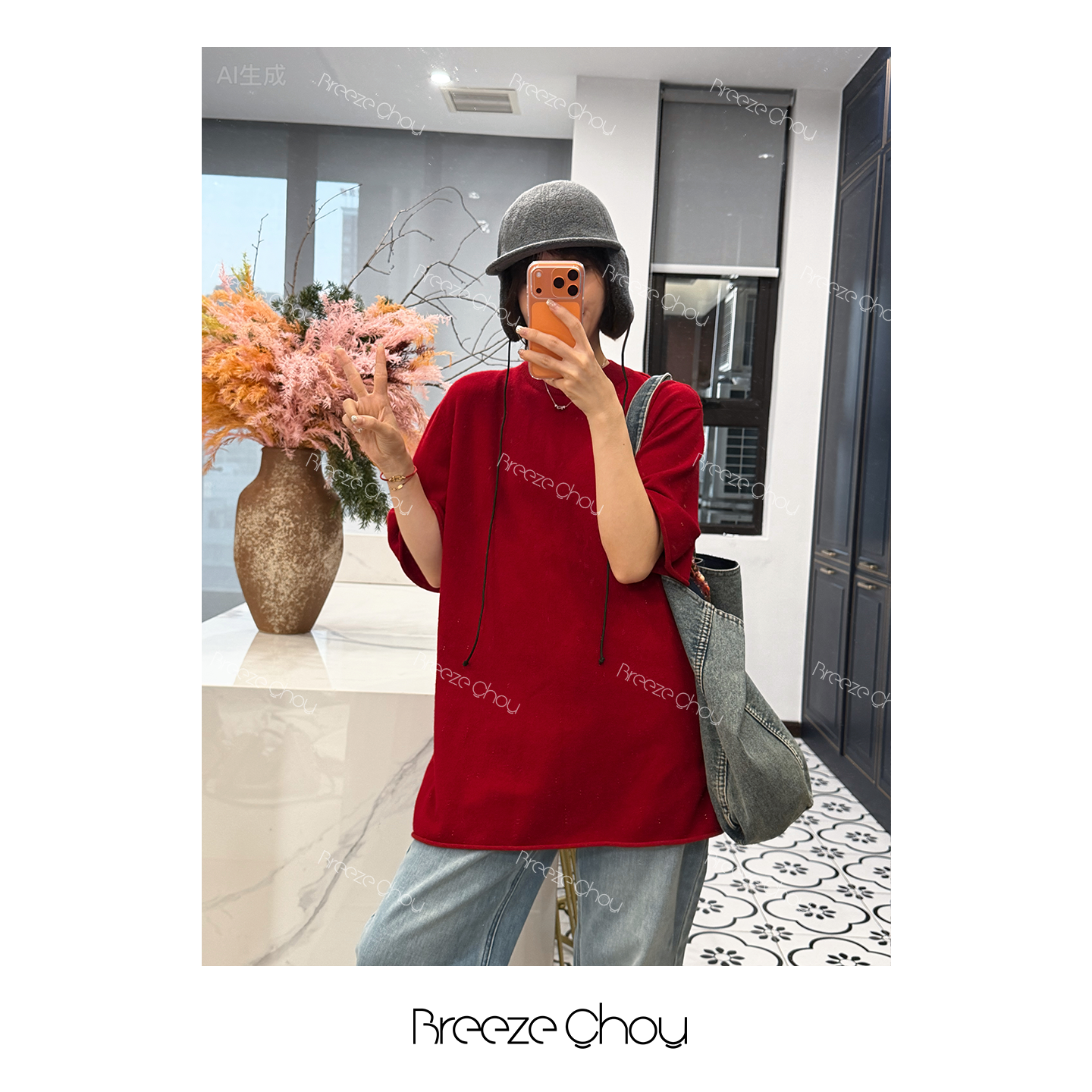 Breeze Chou100羊毛中袖中长款打底圆领毛衣软糯亲肤