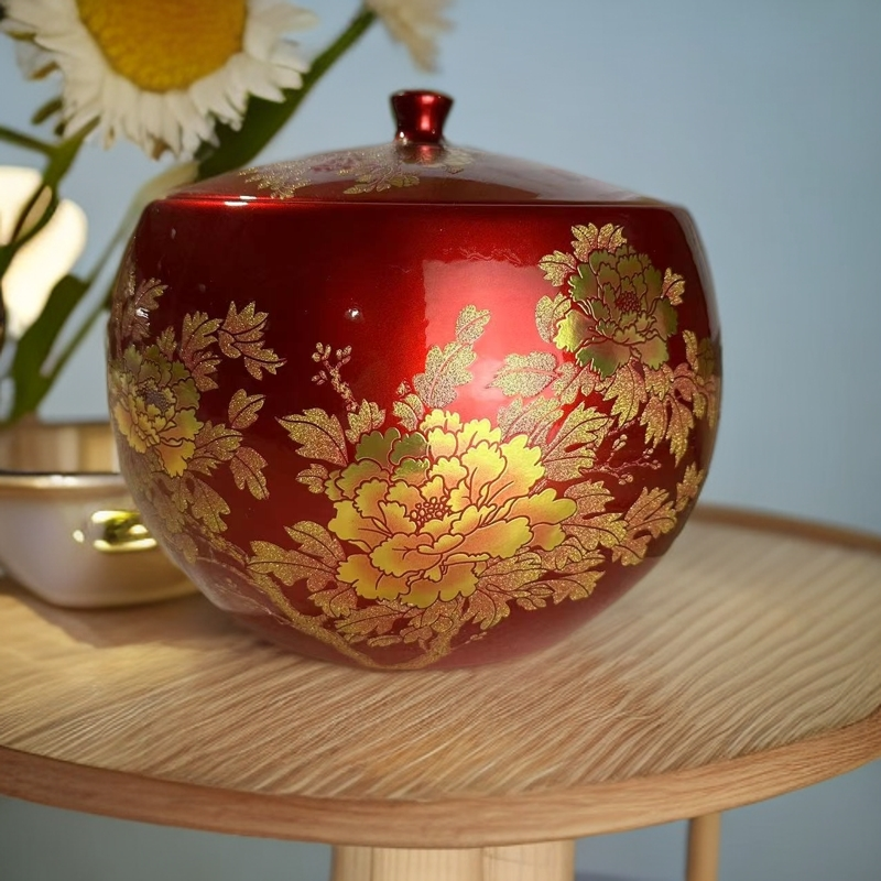 ZY-DP-A79中国红水晶釉牡丹花多功能储物罐+底座高25厘米宽25厘米