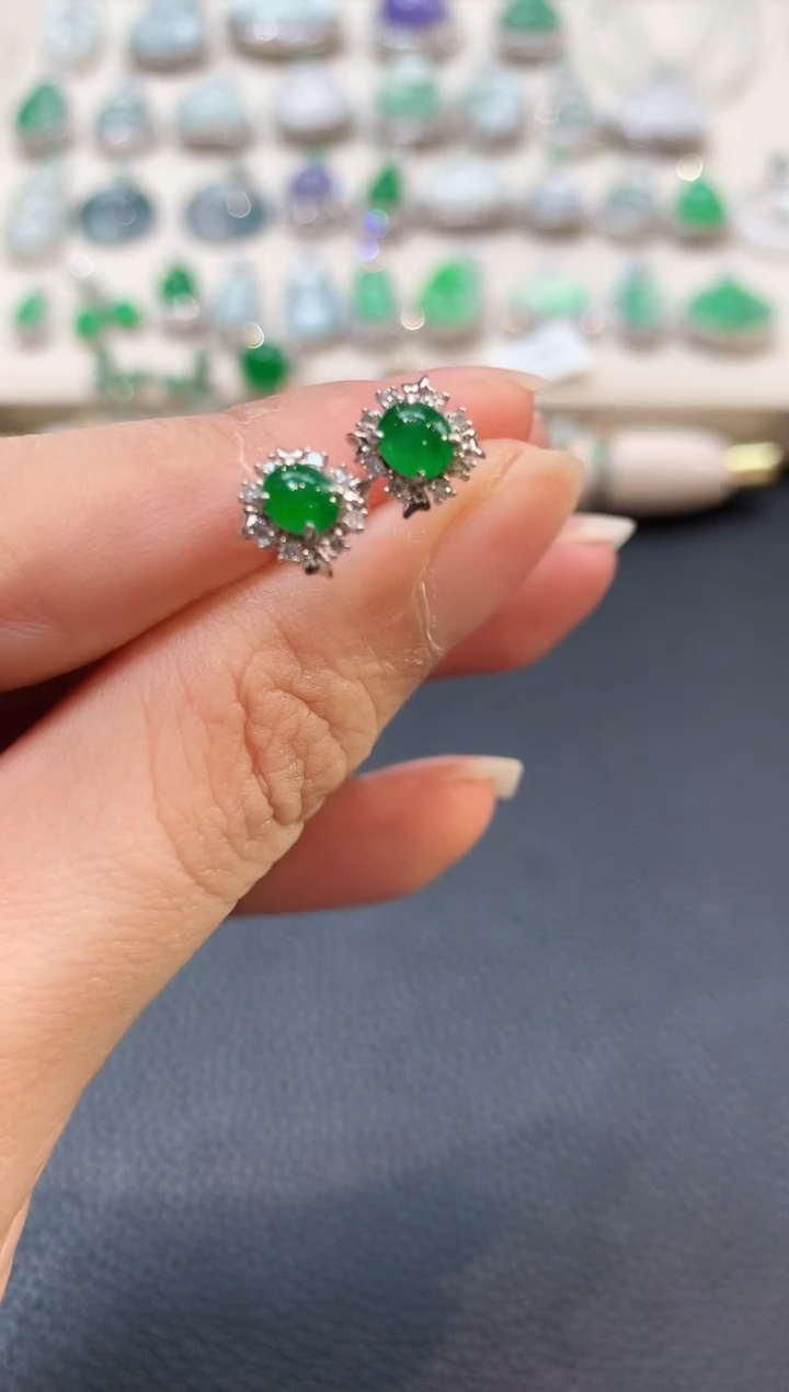 翡翠18K金镶嵌耳饰b35春日珠宝