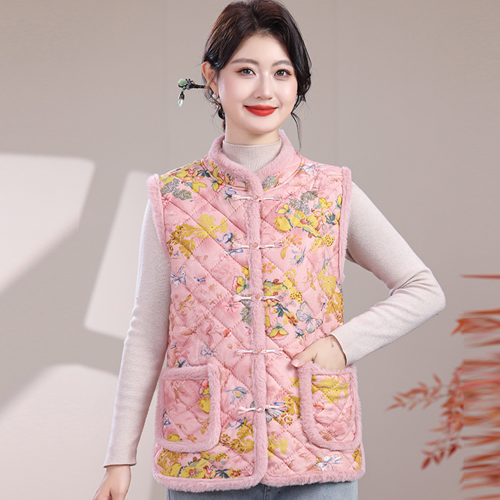 中老年女装马甲民族风保暖时尚宽松型口袋中国风碎花马甲背心